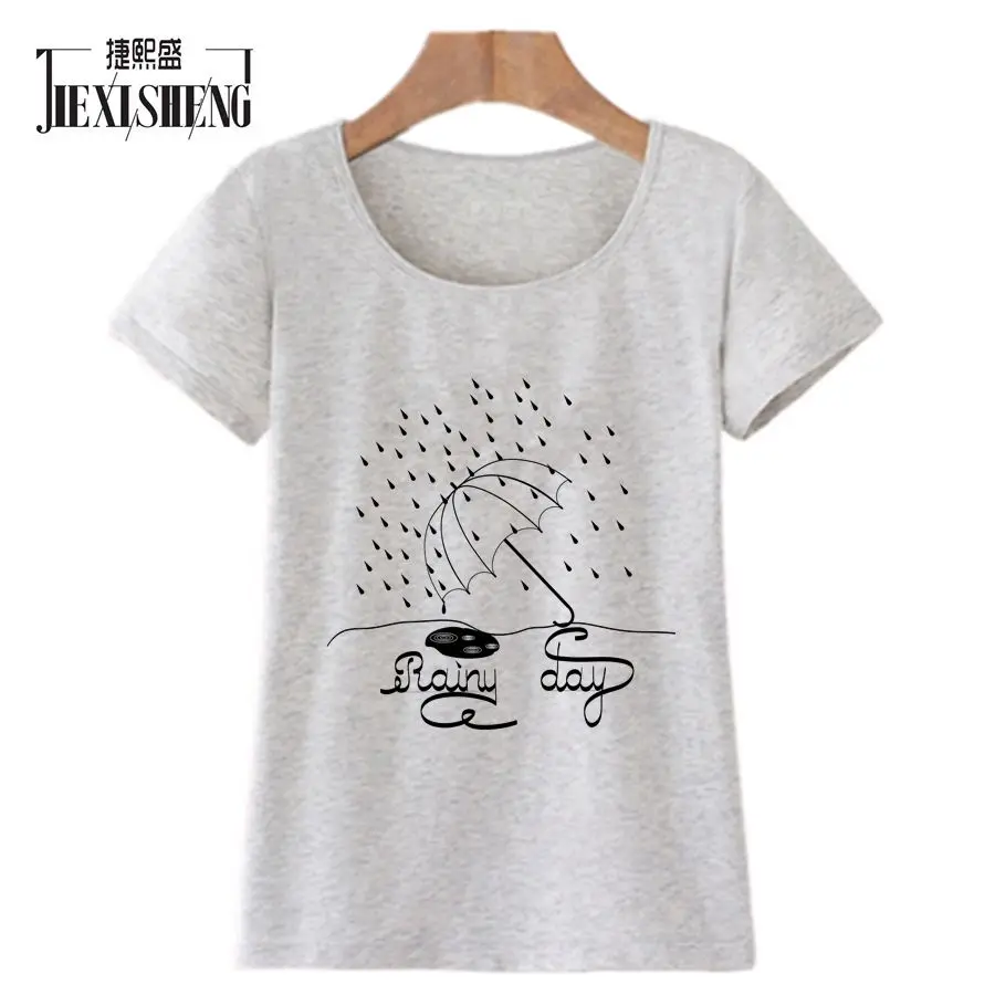 Летняя женская футболка с принтом день дождя о-вырезом и короткими рукавами 8