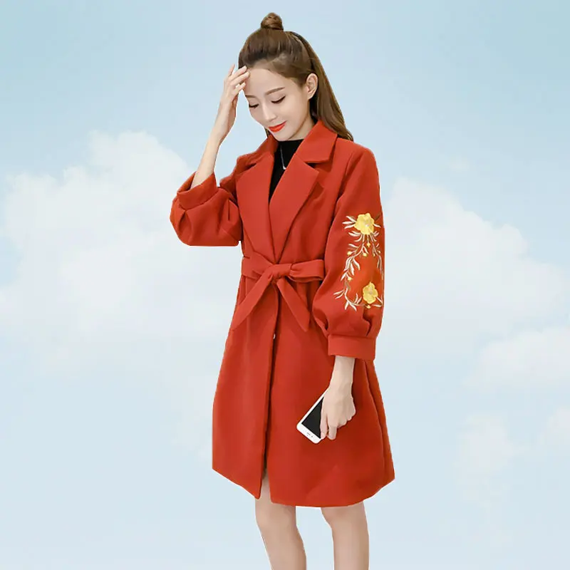 Зимнее женское пальто 2019 Вышитое шерстяное с рукавами фонариками зимние куртки