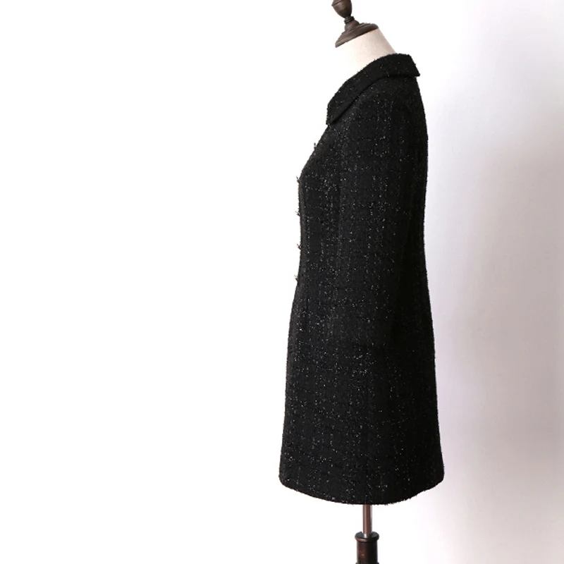 Черное твидовое платье с 7 рукавами весна/осень 2019 женское кисточками тонкое