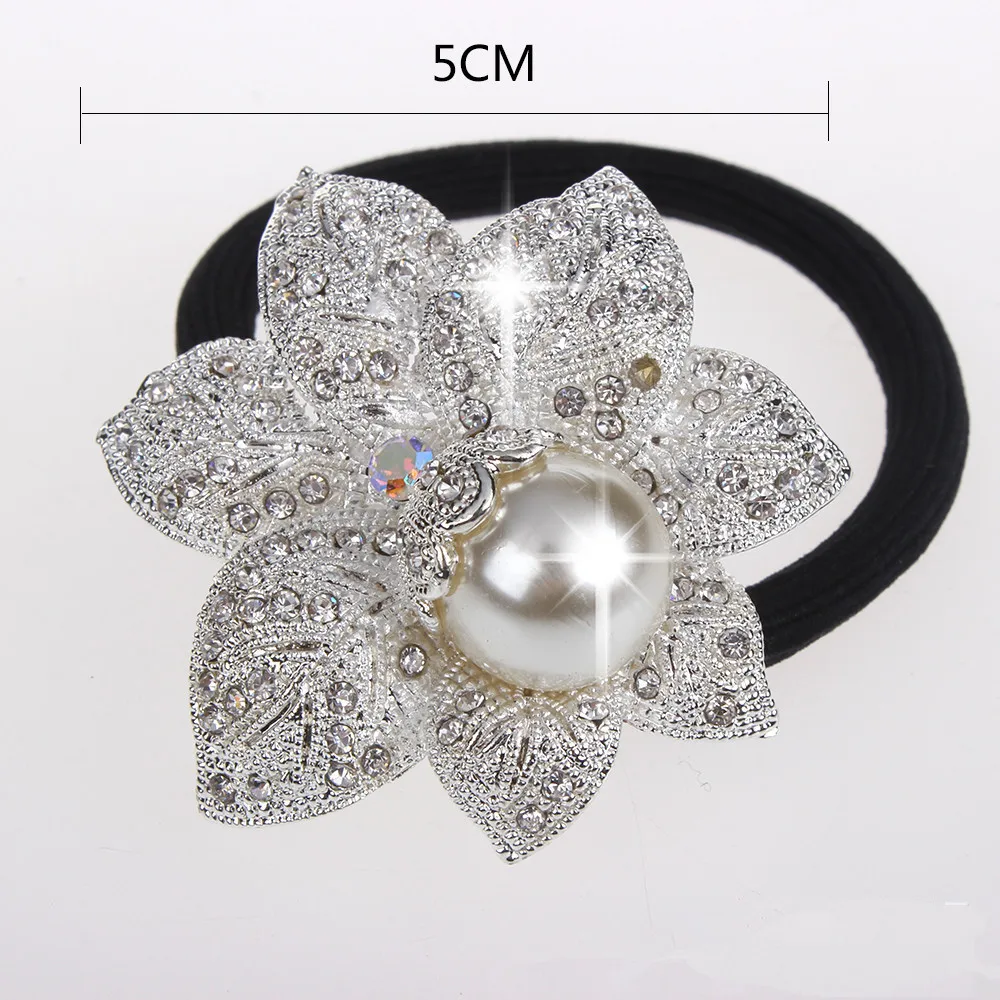 

3 Pcs Exquisite Crystal Rhinestone Pearl Hair Band Rope Elastic Ponytail Holder Flower