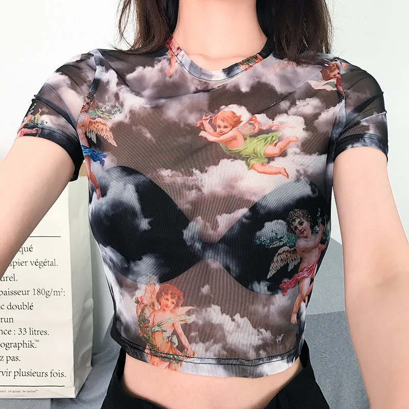 Женская Прозрачная Футболка с коротким рукавом и круглым вырезом новинка 2019 |