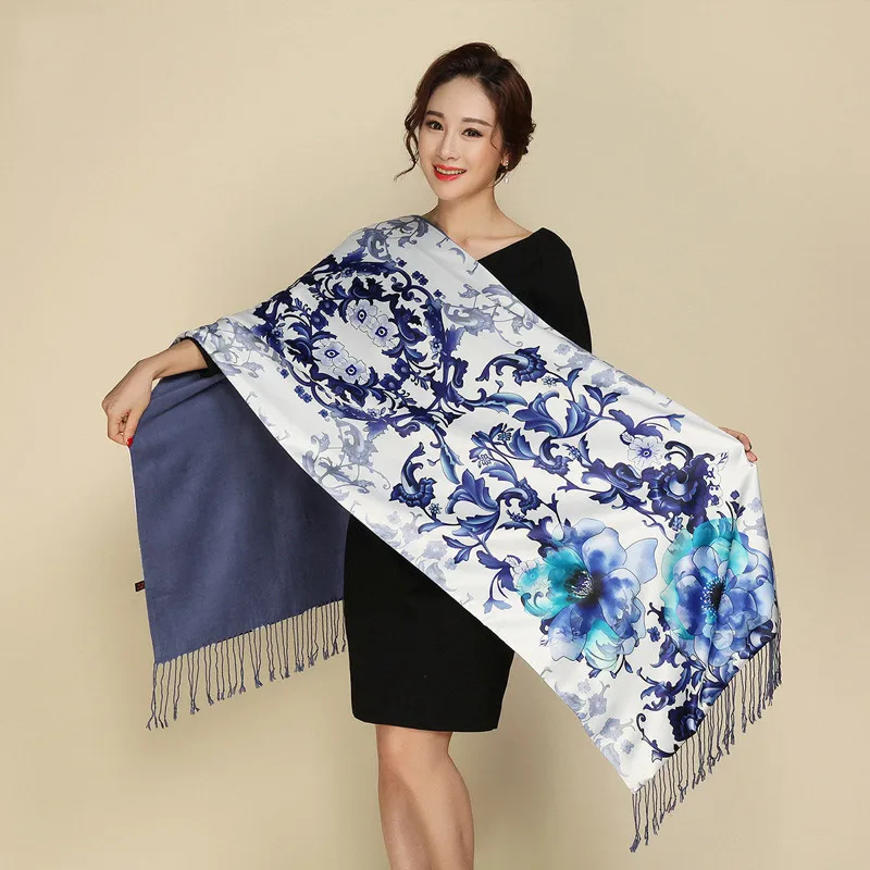 19 Роскошные зимние теплые шелковые шарфы с цветочным принтом двухсторонние кашемировые шерстяные пашмины палантин шали и палантины элегантные женские платки - Цвет: 19
