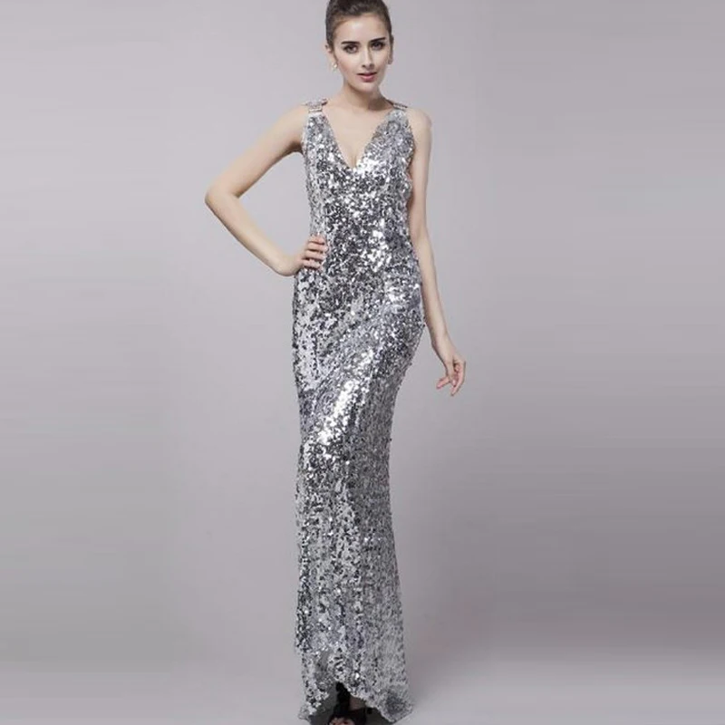 Черный серебристый красное золото вечерние платья русалка блесток невесты V шеи