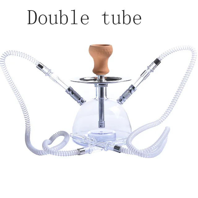 Double tube Акриловый кальян, набор, светодиодный светильник с кальян наргиле, шланг, угольные водопроводные трубы, металлические пластиковые пинцеты, керамические аксессуары для чаши - Цвет: Double tube