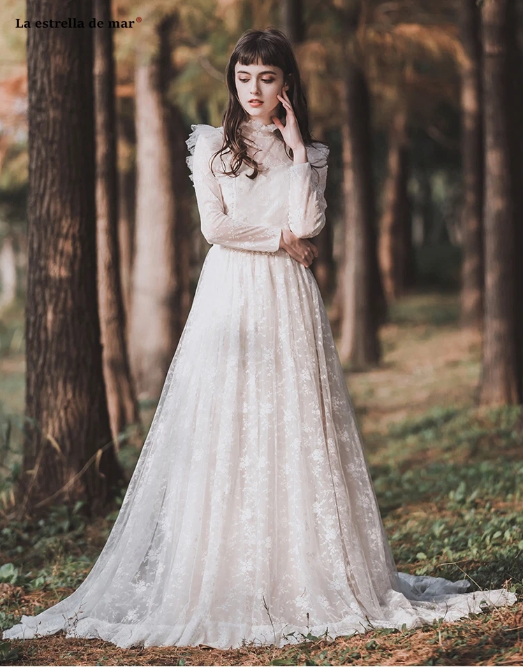 Abiti da sposa2019 Новое кружевное платье с высоким воротом и длинными рукавами трапециевидной формы цвета слоновой кости свадебное платье в стиле бохо со шлейфом brautkleid Ретро накидка de mariee
