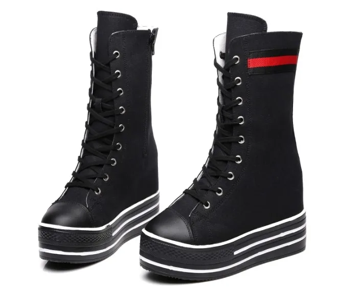 leather liningblackA Модные ковбойские камуфляжные женские ботинки до середины икры на платформе, увеличивающие рост; джинсовые ботинки в стиле панк с цепочкой на каблуке 10 см - Цвет: leather liningblackA