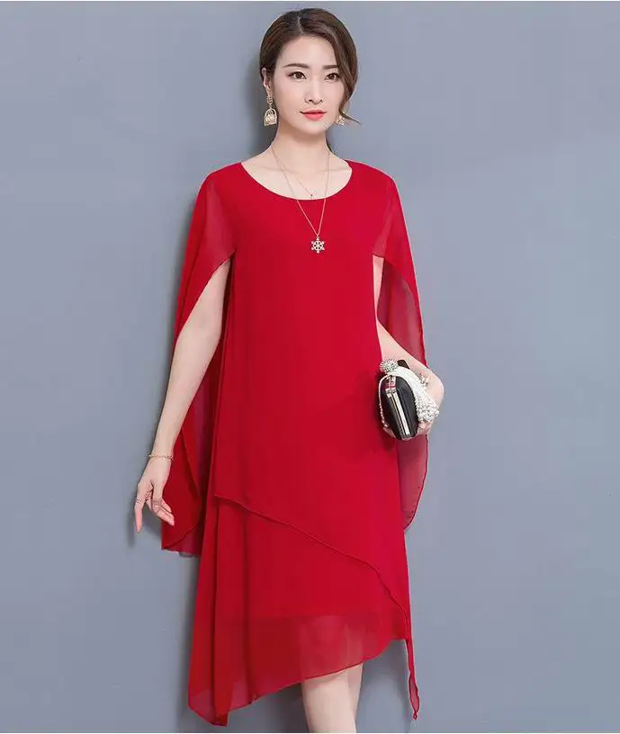 Красный Шифон Асимметричная плюс Размеры накидка женское платье Vestidos лето Рубашка с короткими рукавами по колено платья большой Размеры вечерние платье одежда - Цвет: Красный