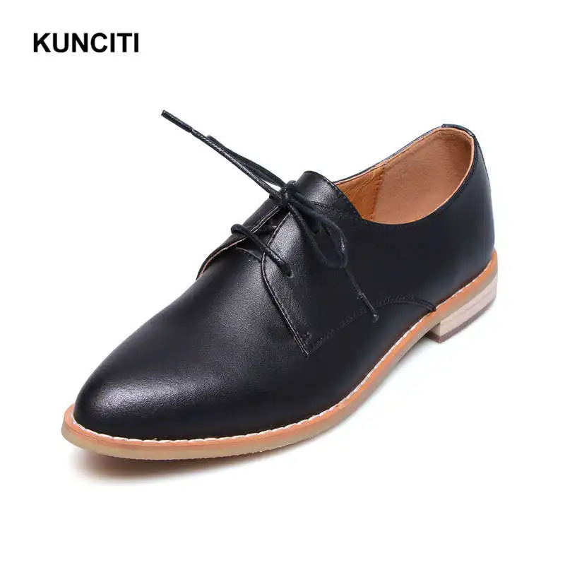 Black KUNCITI/; женские ботинки с перфорацией типа «броги» на шнуровке с острым носком; туфли из натуральной кожи на плоской подошве; Женские Кожаные Туфли-оксфорды; большие размеры 34-42; F114 - Цвет: Black