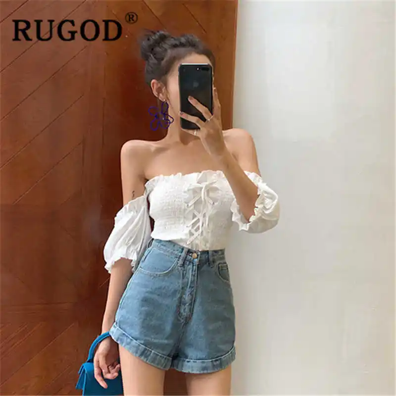 RUGOD сексуальные белые рубашки с открытыми плечами Дамская мода рукав фонарик Топ