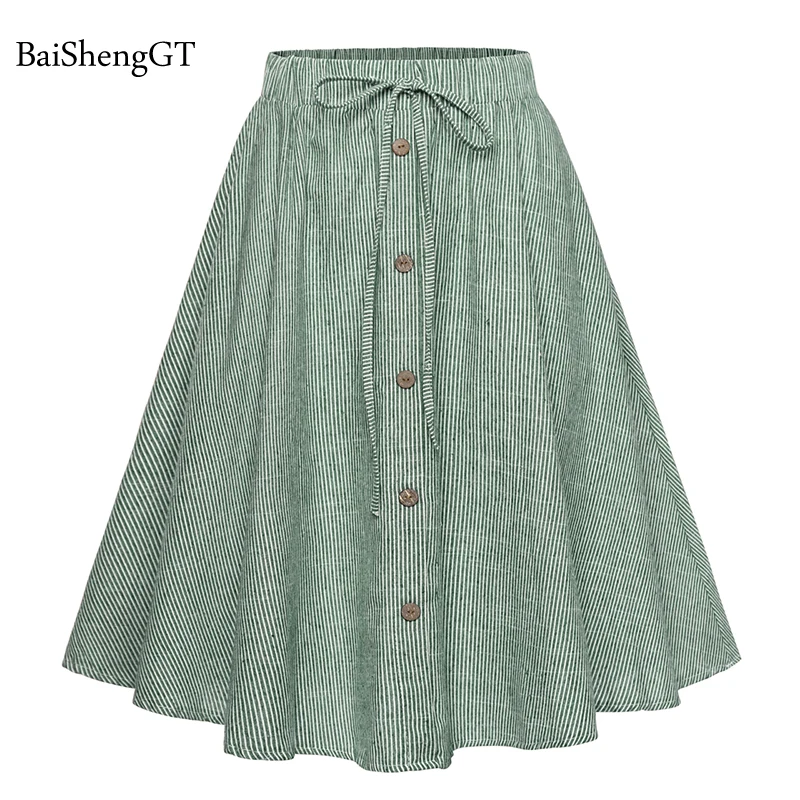 2018 Для женщин летние юбки для дам Повседневное до середины икры полосатые модные