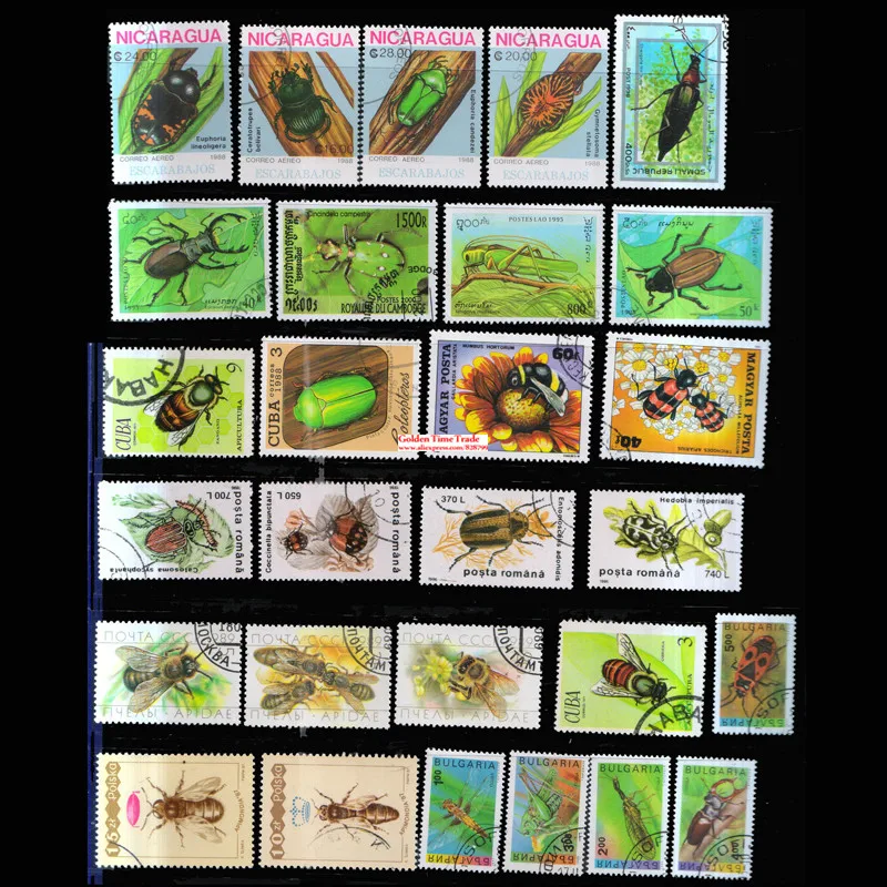 Насекомые 50 шт./лот все разные неиспользованные с почтовыми марками по всему миру