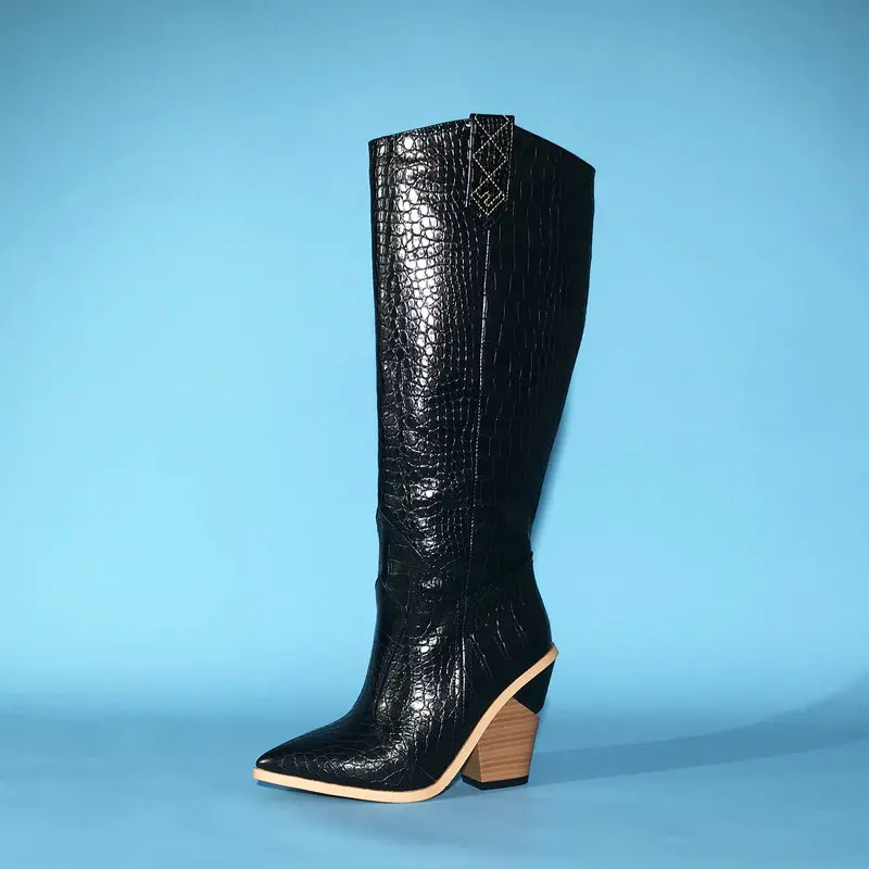 Yellow Black White Faux Leather Cowboy Boots for Women Knee High Boots Western Long Boots Women Shoes Winter Riding Boots