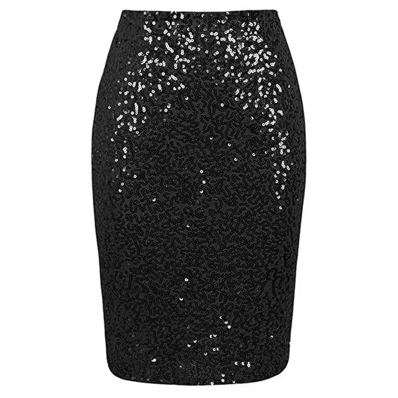 Black knee length Клубная одежда, юбки для женщин, сексуальная летняя облегающая юбка-карандаш с блестками, мини-юбки для женщин, для девушек, высокая талия, на молнии, облегающая одежда, новинка - Цвет: Black knee length