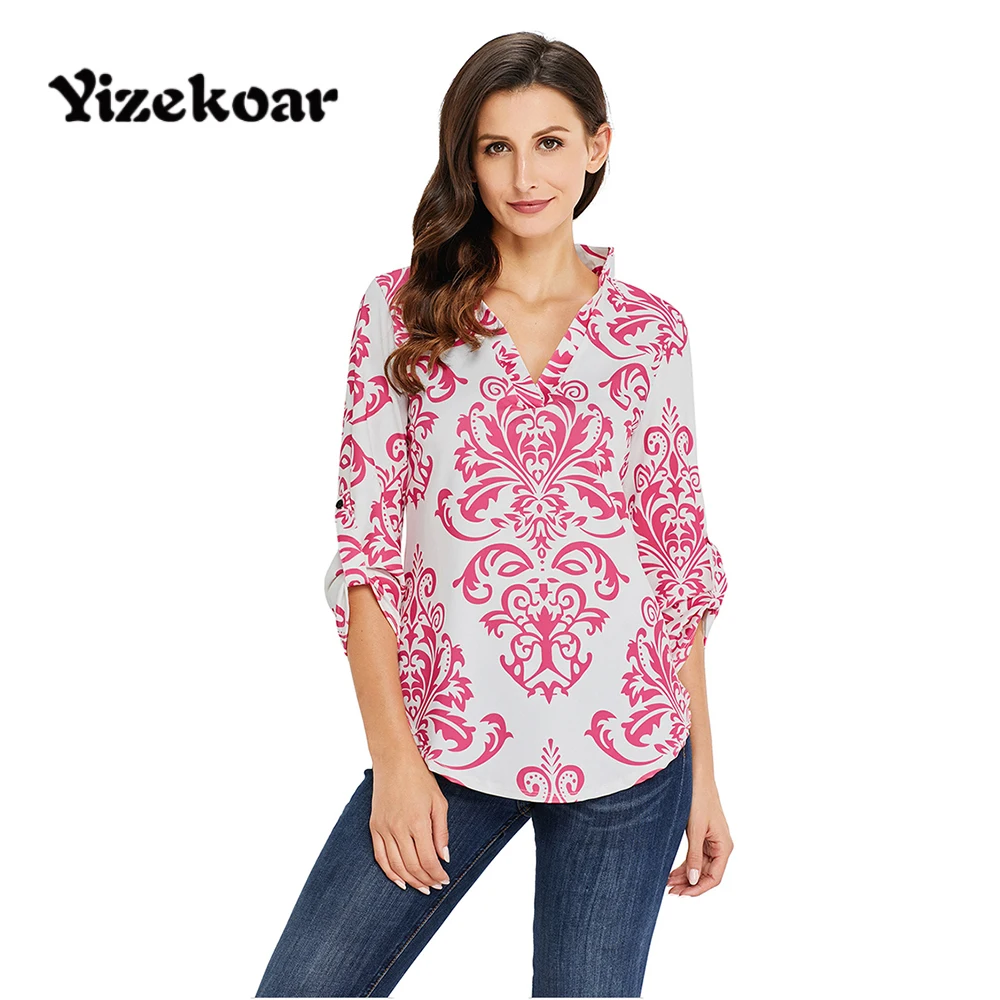Yizekoar Damask Print Blouse Shirts Women Floral Blusas 2018 Autumn Casual Top Spring Lady Big Size Roll Up 3/4 Sleeve Blouses |