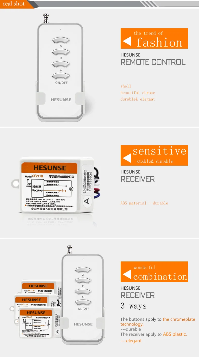 Y-F211B 1004W 1N3 Беспроводной 3 Way 433 МГц светильник 220V Беспроводной дистанционного Управление обучающий код с 3 приемника