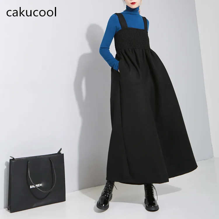 Cakucool Новые широкие брюки женские черные свободные высокие плиссированные винтажные комбинезоны уличная черная боди комбинезон капри Femme Plus