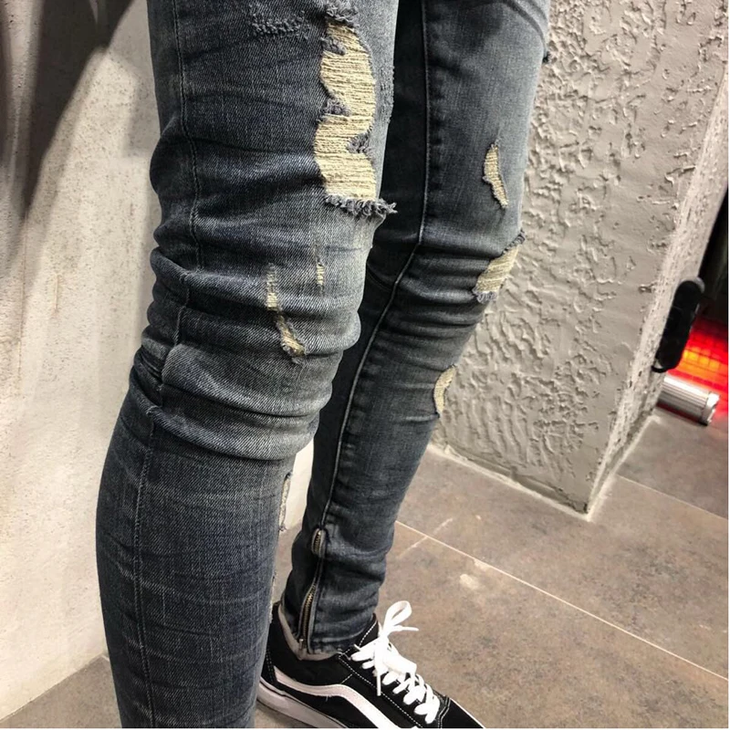Mens Side Zipper Punk Biker Jeans Ripped Blue Skinny Slim Denim Distressed Washed Hip Hop Long Trousers Pants | Мужская одежда