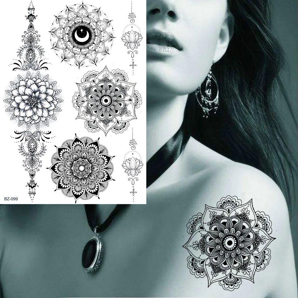 

GoldOcean Black Henna Mandala Flower Chains Waterproof Fake Tattoos Stickers India Arm Tattoo Temporary Women Girls Art Tatoos