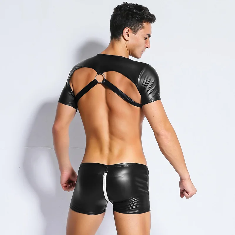 Футболка мужская из искусственной кожи с V образным вырезом и коротким