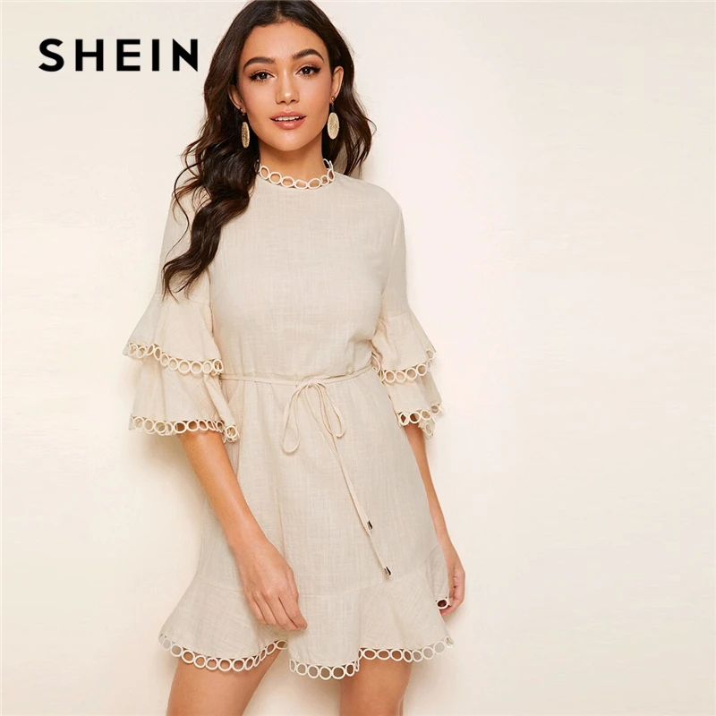 SHEIN женское платье с вырезом-лодочкой на спине, с рукавами-воланами, с кружевной отделкой, с поясом, абрикосовое, многослойное, с оборками, с поясом, весеннее, летнее платье
