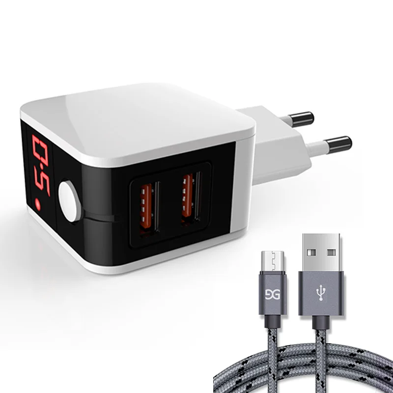 WhiteGrey GUSGU Micro USB кабель для samsung Galaxy S7 Edge huawei Xiaomi со светодиодный дисплей адаптер зарядного устройства с двойным USB зарядное устройство EU порт - Цвет: WhiteGrey
