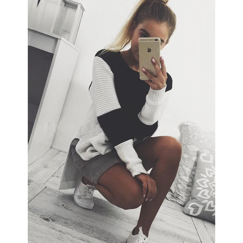 black Laamei, женские пуловеры с круглым вырезом, свитера с длинными рукавами, кашемировая зимняя одежда, модная Лоскутная трикотажная женская одежда - Цвет: black
