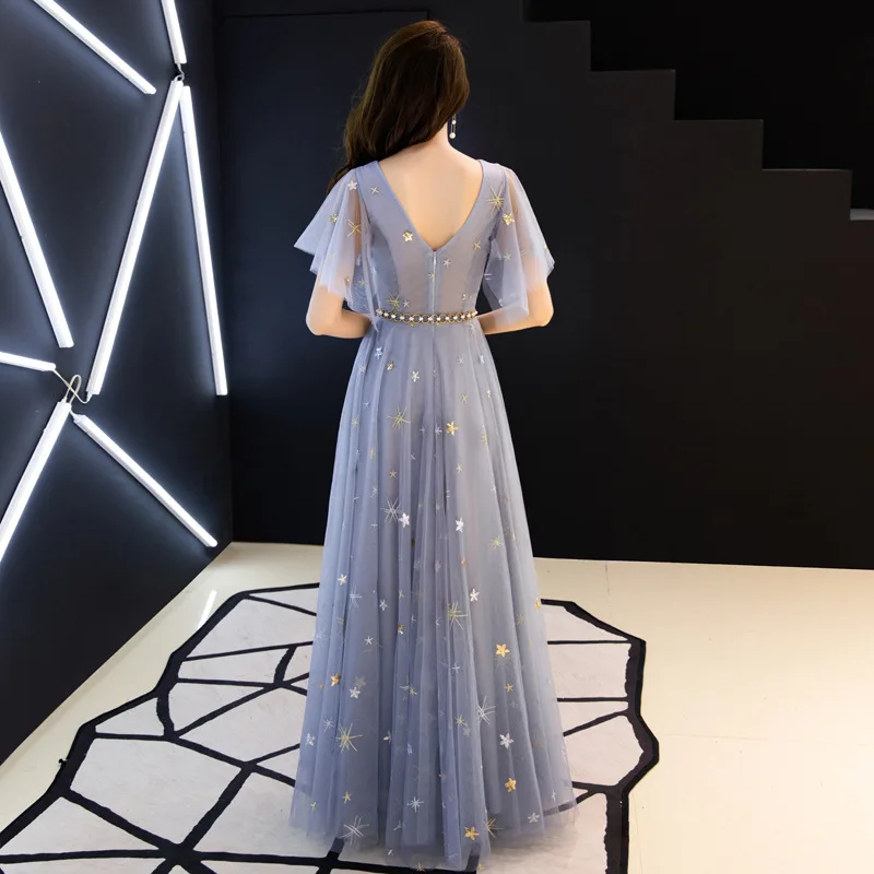 Gray Blue Chinese Oriental V-Neck Full Length Wedding Women Sexy Cheongsam Evening Dress Elegant Princess Dresses Modern Qipao |