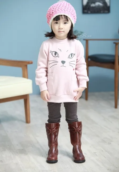 Детская теплая футболка От 2 до 8 лет милая одежда с котом для девочек длинным