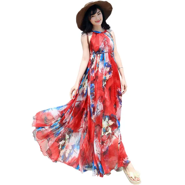 Red Floral Летнее цветочное длинное шифоновое платье макси платье больших размеров знаменитостей/выпускных/вечерних платьев пляжное легкое платье для подружки невесты - Цвет: Red Floral
