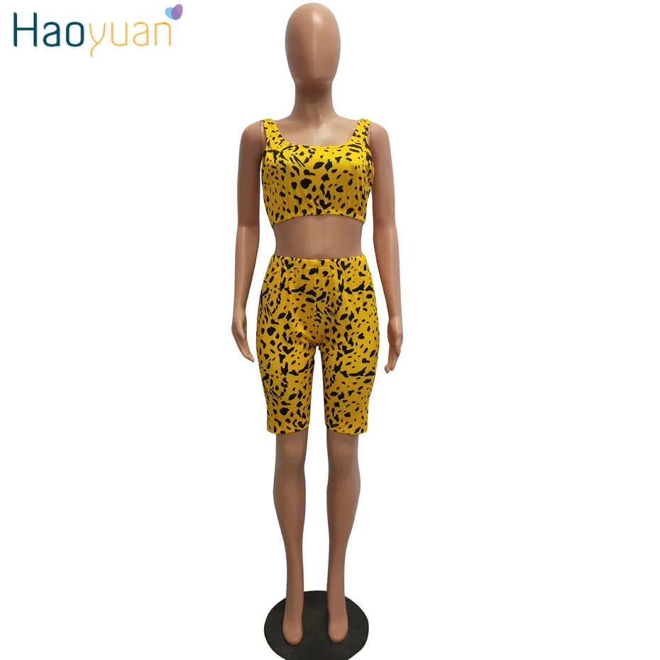 Leopard yellow HAOYUAN Леопардовый принт змеиной кожи сексуальный комплект из двух предметов комбинезон женские Комбинезоны укороченный топ и шорты Комплект повседневный летний короткий комбинезон - Цвет: Leopard yellow