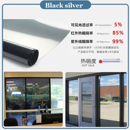 Black silver Односторонняя перспективная стеклянная пленка, балкон, Затемненные наклейки, окна, офисные, домашние стеклянные наклейки, противоугонная Солнцезащитная пленка - Цвет: Black silver