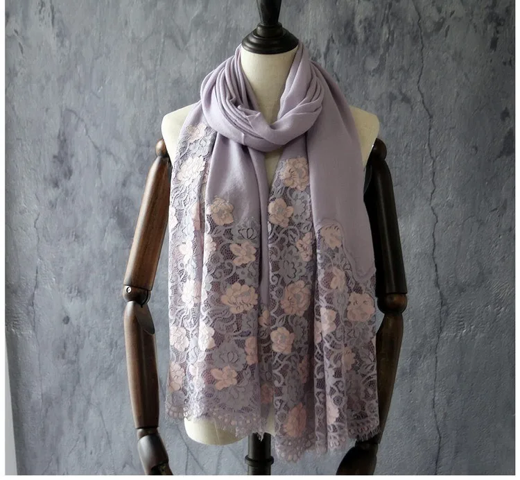 Шарфы из чистой шерсти для женщин, зимний шерстяной шарф, роскошный бренд, украшенный кружевом, зимний шарф из натуральной шерсти, шали и палантины