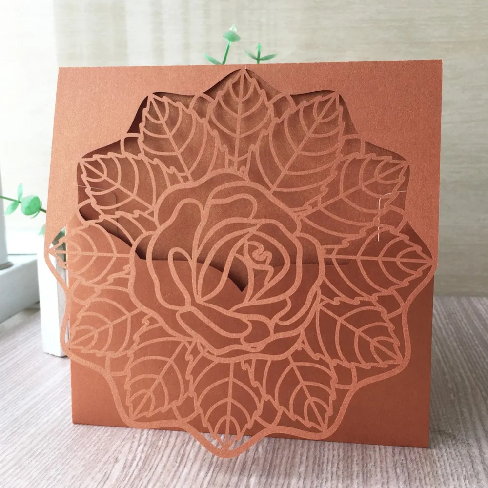 

40pcs/lot Elegant Pink Hollow Rose Laser Cut Wedding Invitations Birthday Party Invitation Anniversary Grand Event Pocket Card