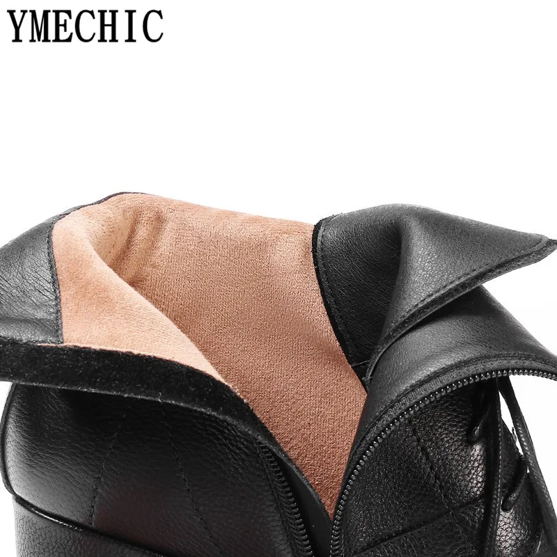 Женские ботильоны на шнуровке YMECHIC черные из натуральной бычьей кожи платформе