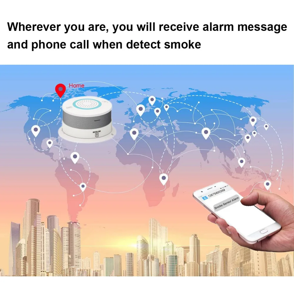 GSM SMS детектор дыма пожарная сигнализация датчик защиты SIM карта сообщение