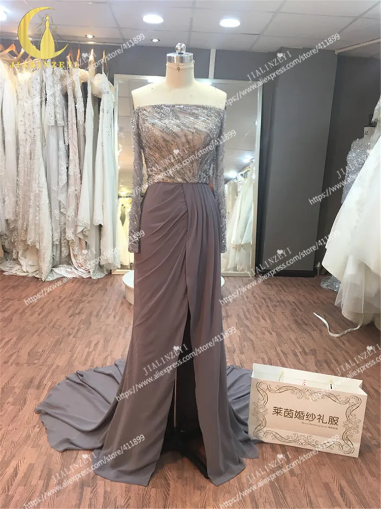 JIALINZEYI New Sexy Boat Neck Grey Long Sleeves Beads Sequins Chiffon Slit Mermaid Party Formal Dresses  Evening Dresses 2020
