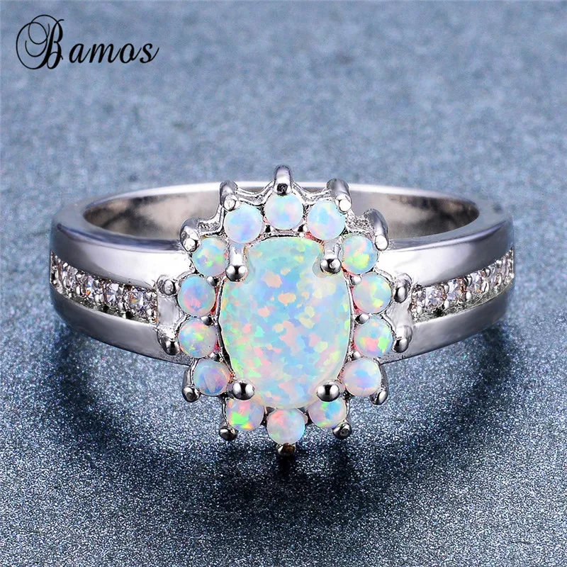 Bamos Boho белое овальное кольцо с огненным опалом Трендовое Радужное цветком для женщин серебряный цвет