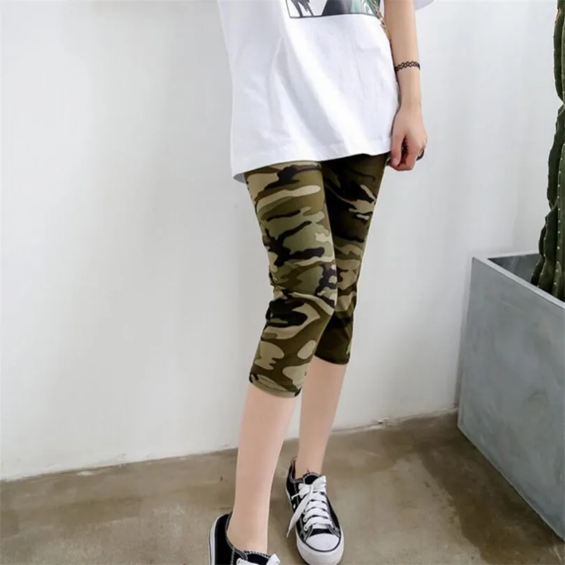 Grey green camo CUHAKCI штаны с принтом женские Капри высокого качества с высокой талией женские леггинсы для фитнеса с цветочным принтом семь эластичных тонких коротких леггинсов - Цвет: Grey green camo