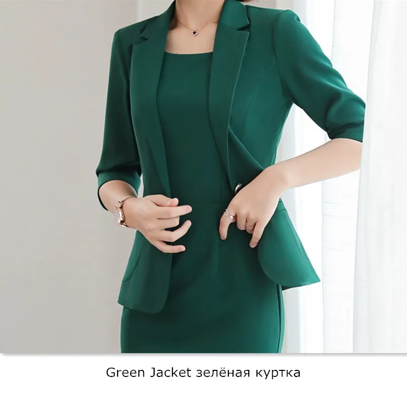 Женская одежда, костюмы с платьем, 3/4 рукав, Тонкий Блейзер+ платье без рукавов, комплект из 2 предметов, Vestido, формальное платье Mujer, женский костюм 8092 - Цвет: green jacket