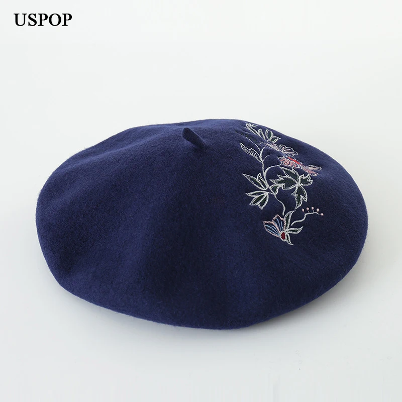 USPOP, Модный Зимний берет, женский шерстяной берет, шапка с цветочной вышивкой, береты для женщин, Толстая теплая шерстяная шапка