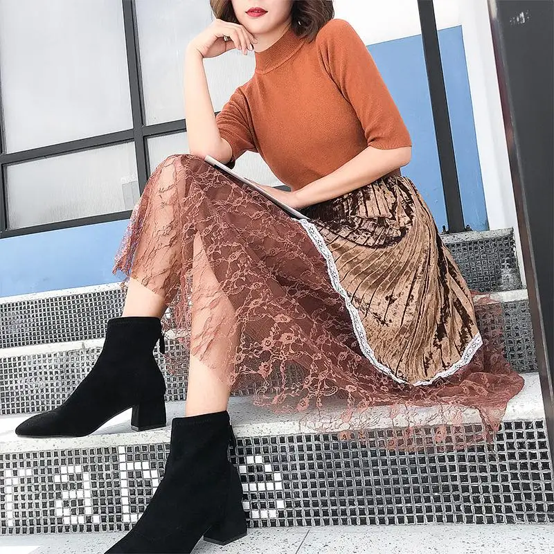 Женская юбка 3 цвета эластичная резинка на талии кружевная Лоскутная Вельветовая