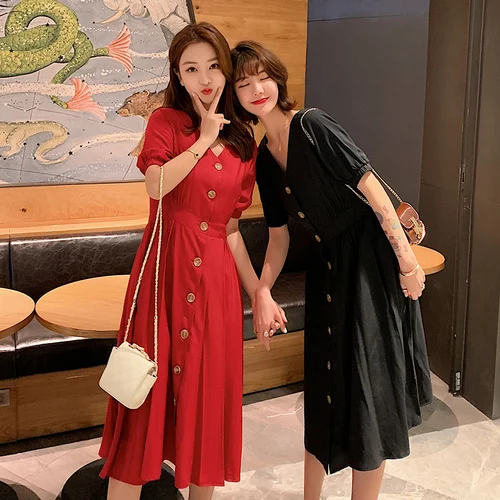 Korean Fashion V Neck Chic Summer Dress Brief Single Breasted A-line Dresses High Waist Casual Pocket Vestidos De Fiesta | Женская