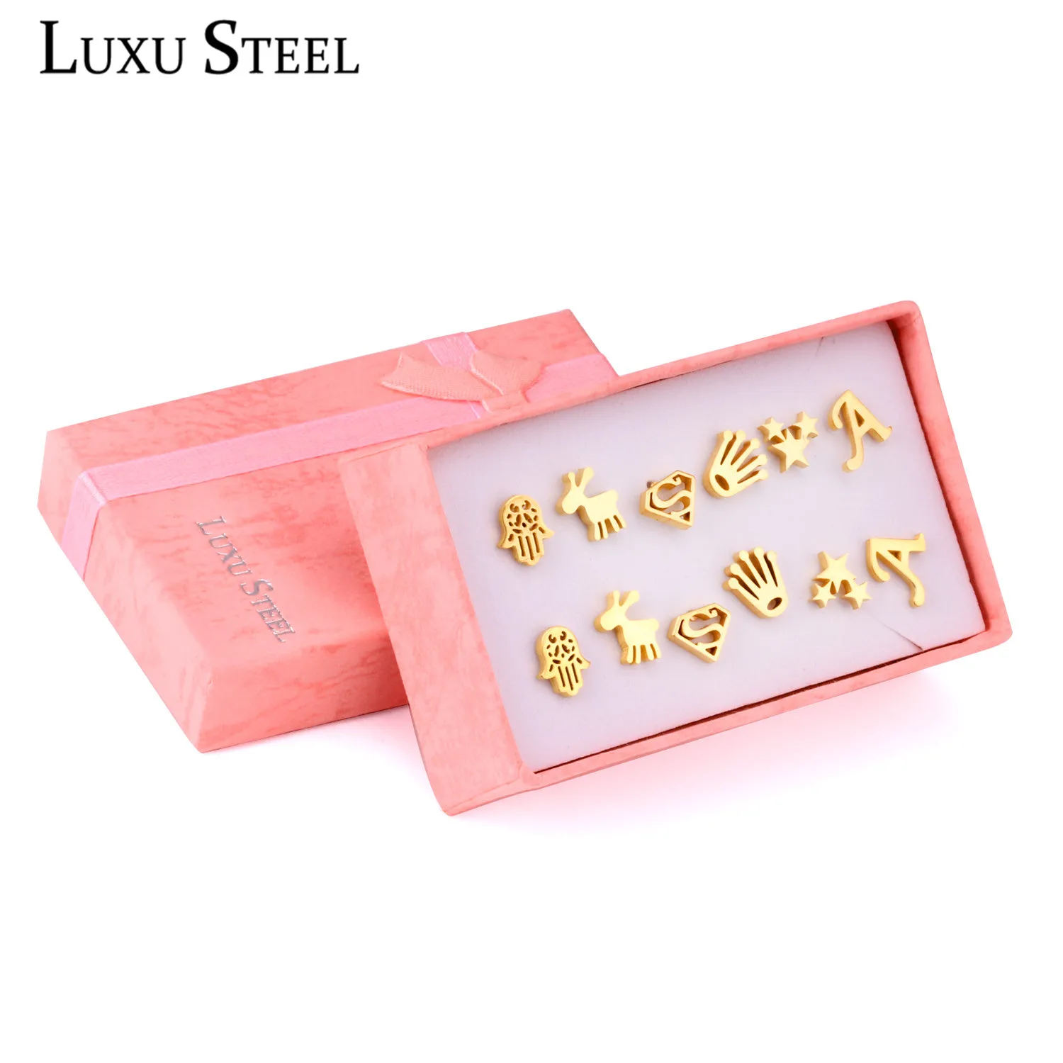 Комплекты сережек LUXUSTEEL 6 пар золотых в форме буквы/звезды/руки/животных для