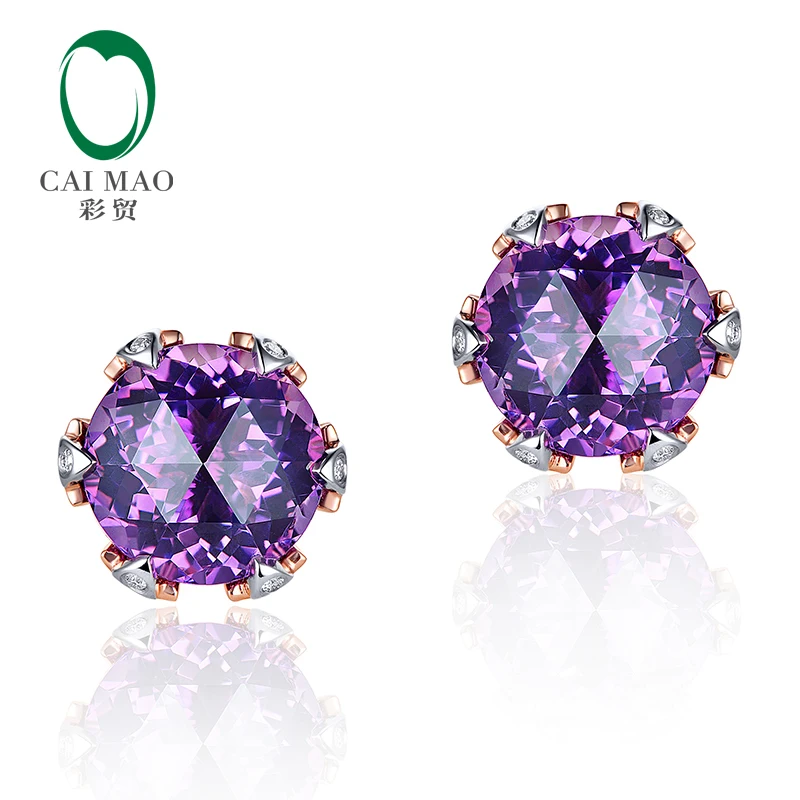 Винтажные серьги-гвоздики натуральный круглый аметист 8.65ct с бриллиантами H SI 14 k розовое и белое золото