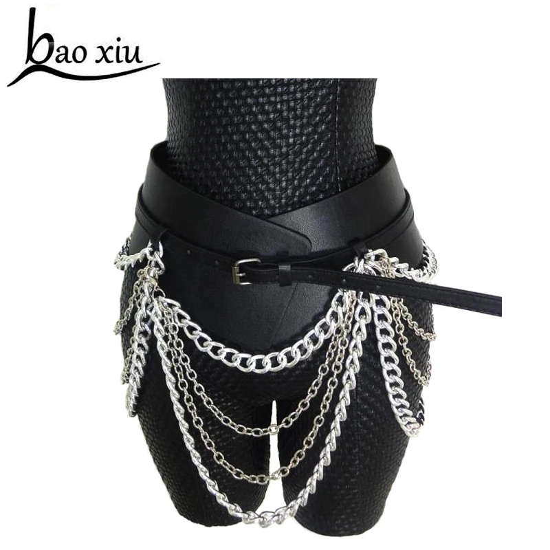 Женский широкий кожаный ремень в стиле панк с золотистой цепочкой и кисточками