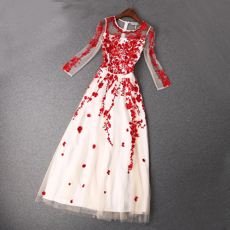 Женское газовое платье длинное бальное с вышивкой рукавом 2016 для свадьбы и