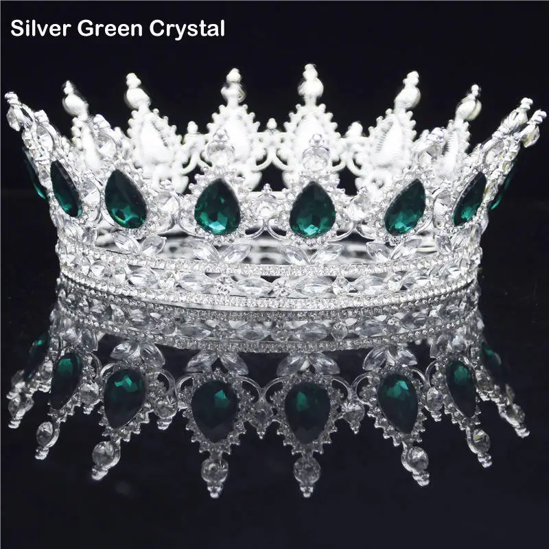 Silver Green Барокко Королева Король невесты тиара Корона головной убор выпускного вечера свадебные диадемы и короны Театрализованное украшение для волос аксессуары - Окраска металла: Silver Green