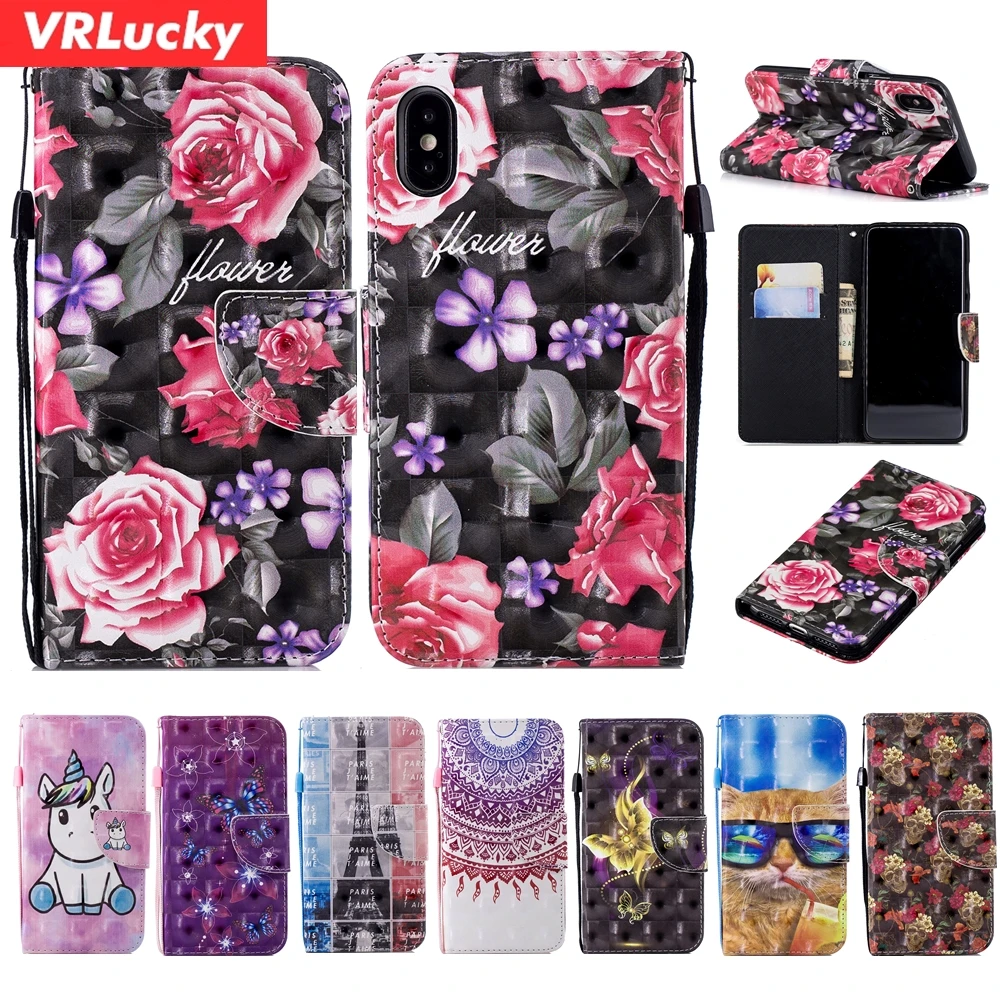 VRLucky 3D живопись Единорог Роза кошка цветочные узоры флип чехол для Xiaomi A1 Redmi 6 6A 5 5A