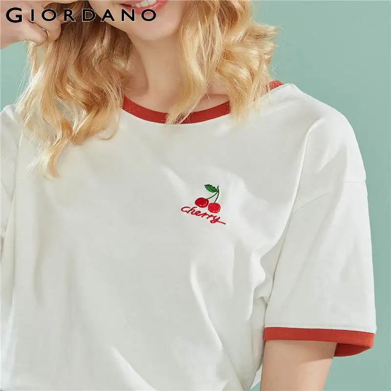 Giordano Women Tshirt Women Embroidery Fruits Contrast Color Crewneck Short Sleeve Tees Women Soft Cotton Fasion Women T Shirt