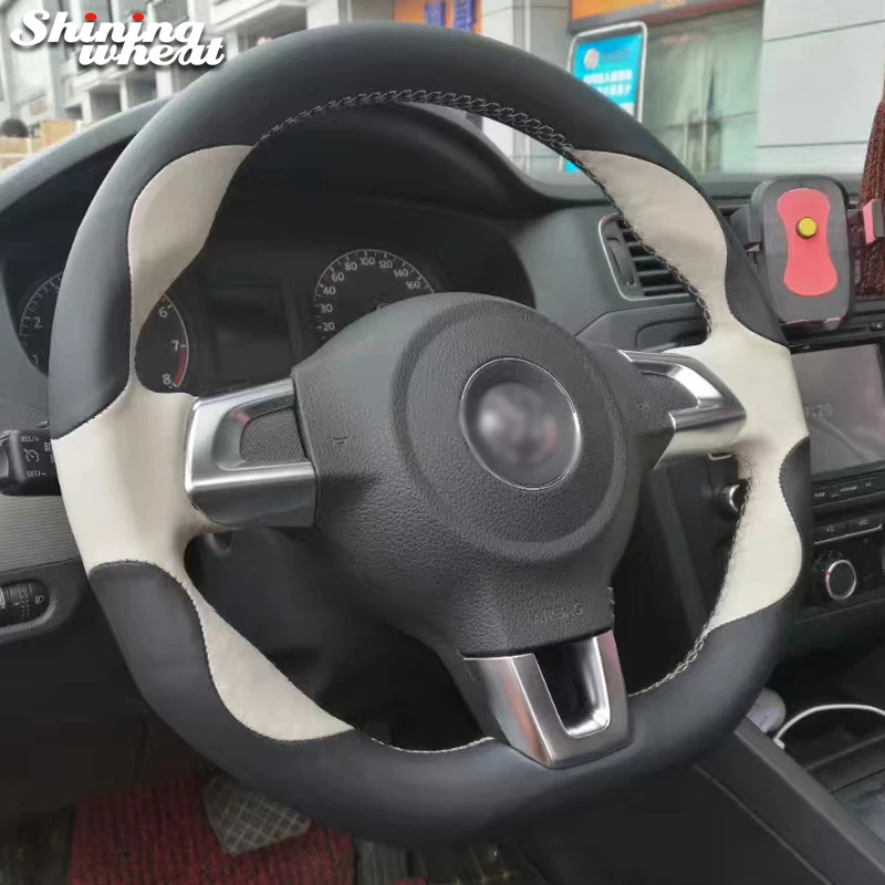 

Hand Sew Black White Leather Car Steering Wheel Cover for Volkswagen Golf 6 GTI MK6 VW Polo GTI Scirocco R Passat CC R-Line